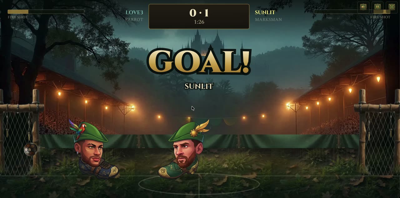 A RobinHead Ball match in progress: two plumed heads on a floodlit pitch, GOAL! banner, fire-shot bars at the top corners